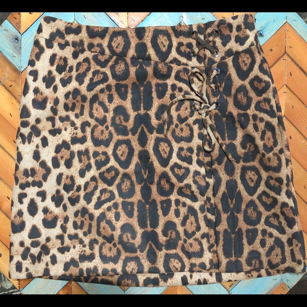 Leopard Faux Suede Skirt Lace Up Detail